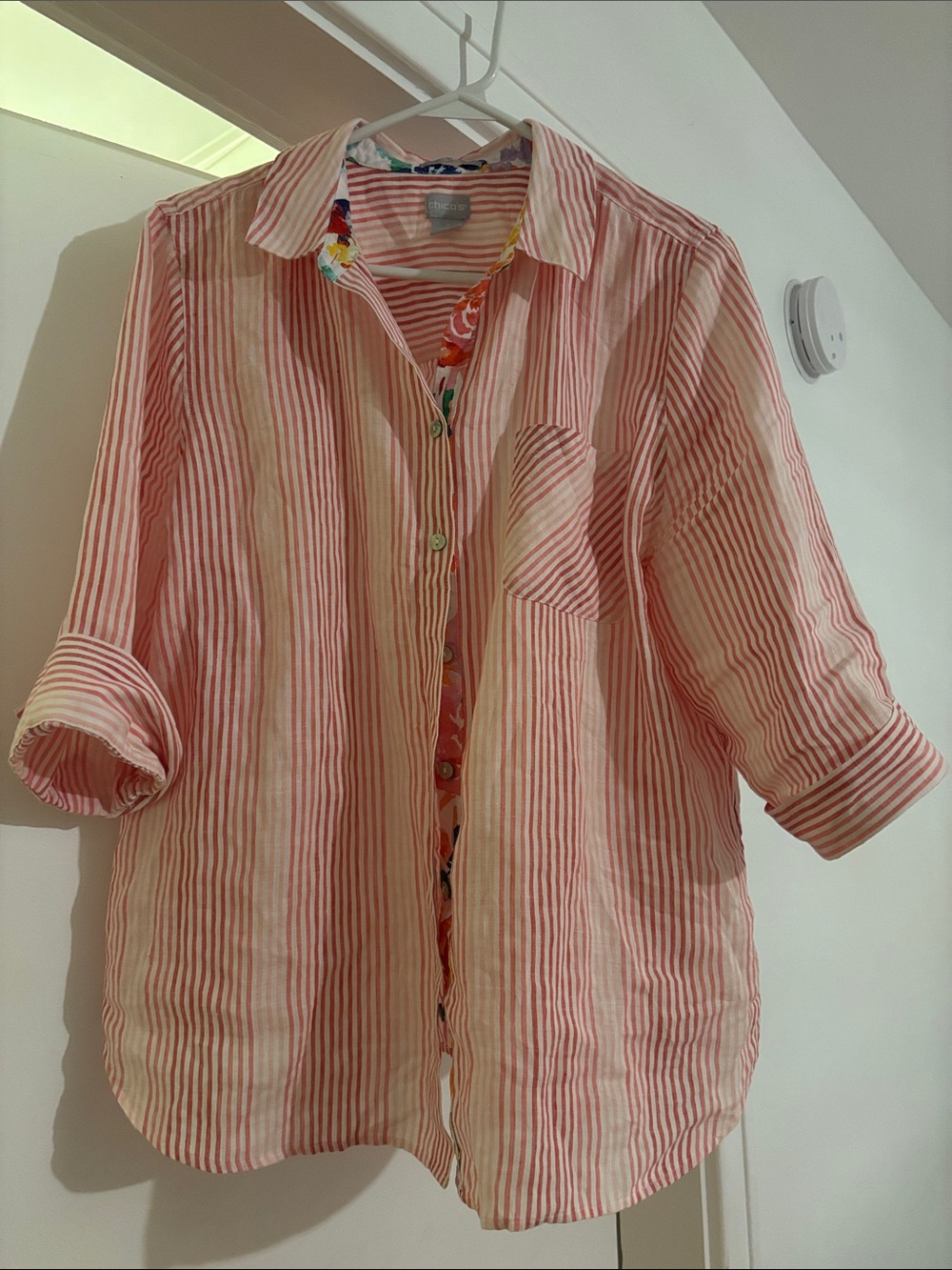 Chico's Coral and White Striped Linen Button-Up with Floral Trim